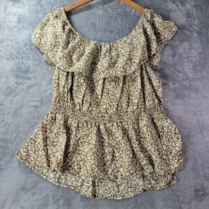 Old Navy Womens 2X Brown White‎ Abstract Print Peplum Top Smocked Boho Feminine